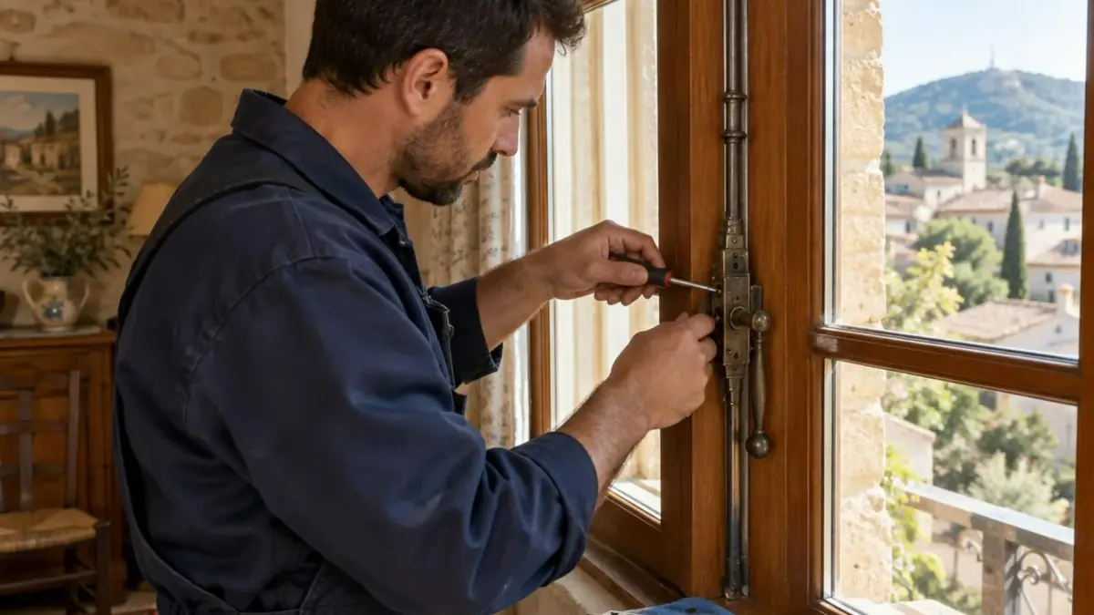 Technicien réparant une fenêtre bois à petits carreaux dans une maison du vieil Allauch