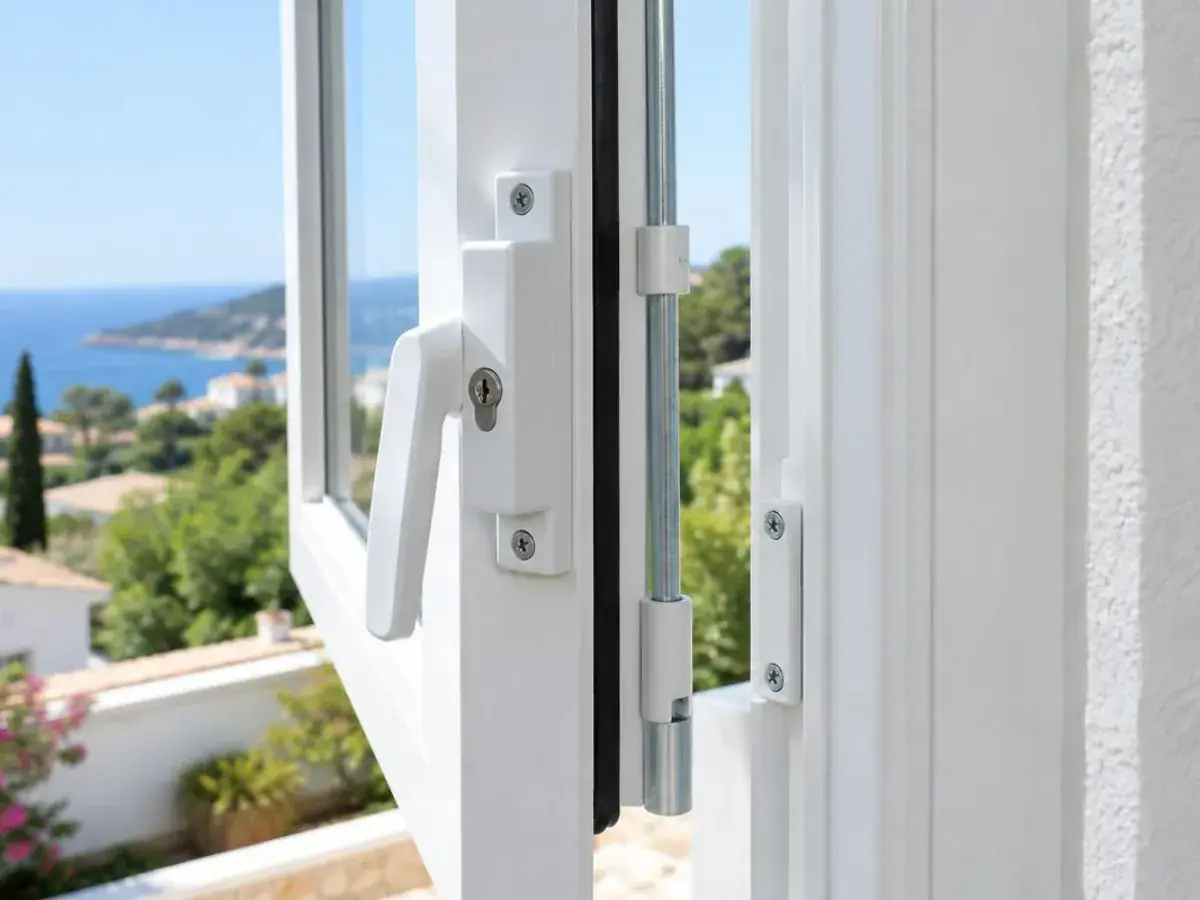 Crémone en applique d'une fenêtre aluminium blanche ouverte, tringle et gâche visibles sur le dormant