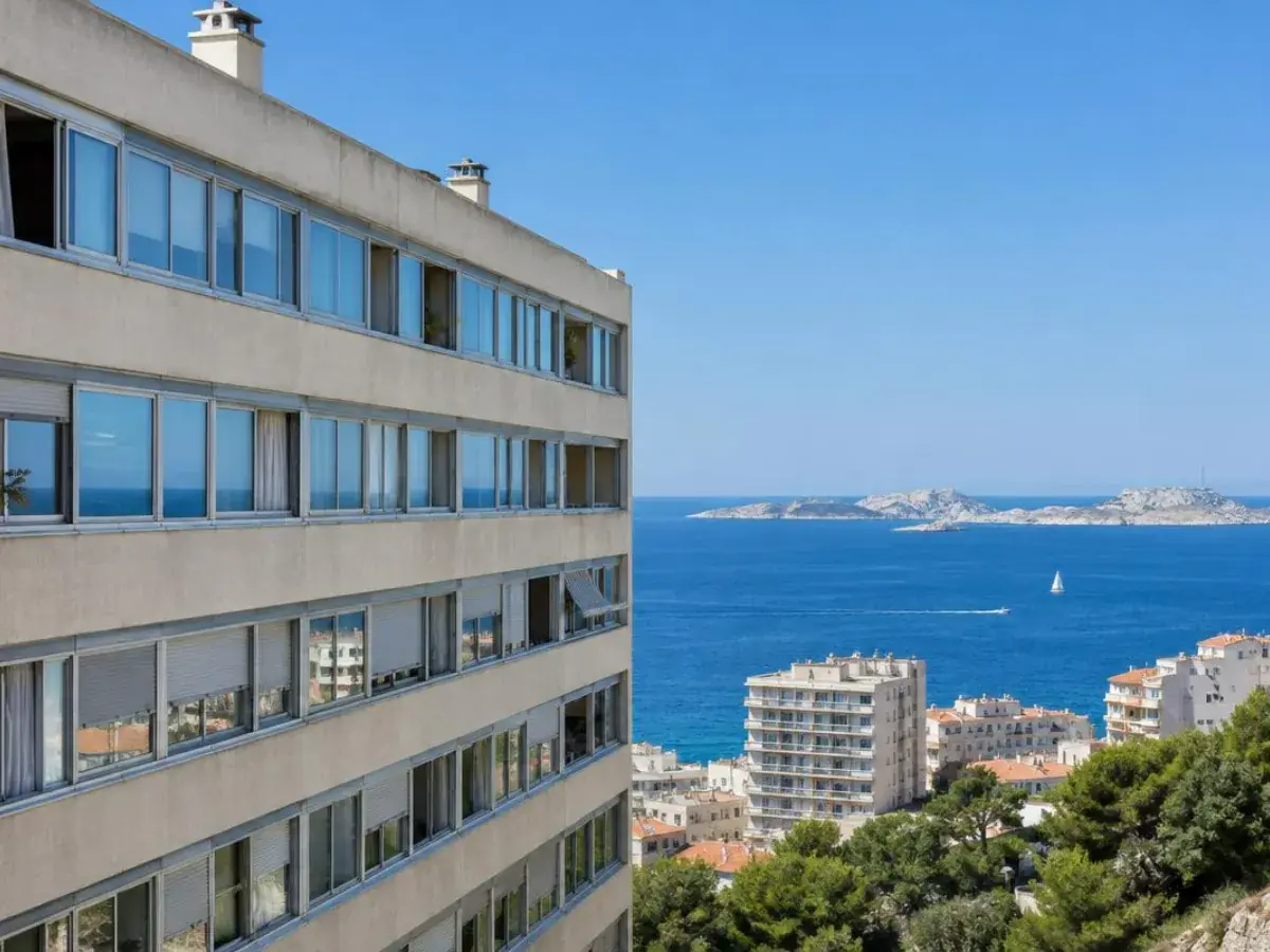 Immeuble des années 1970 face à la mer à Marseille, fenêtres aluminium anodisé alignées, intervention à Aubagne