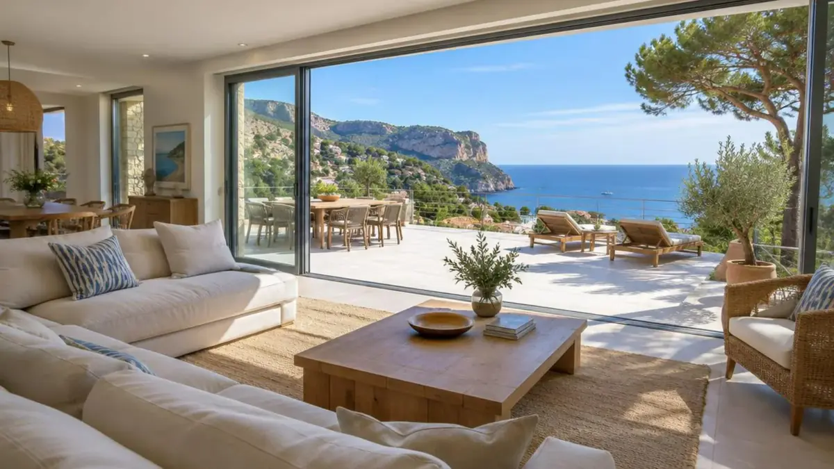 Grande baie vitrée coulissante en aluminium ouverte sur une terrasse ensoleillée face à la mer