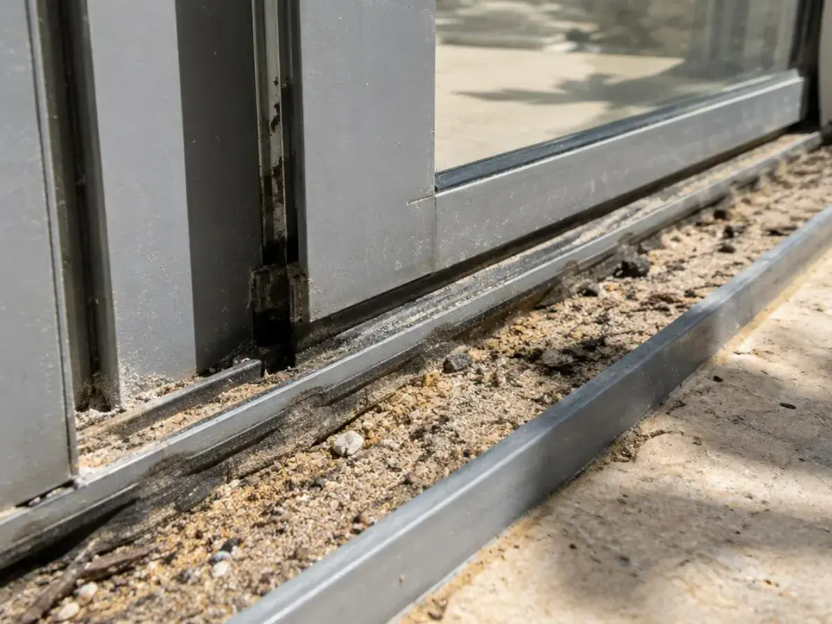 Gros plan sur le rail bas encrassé de sable d'une baie vitrée coulissante en aluminium gris, intervention à Vitrolles