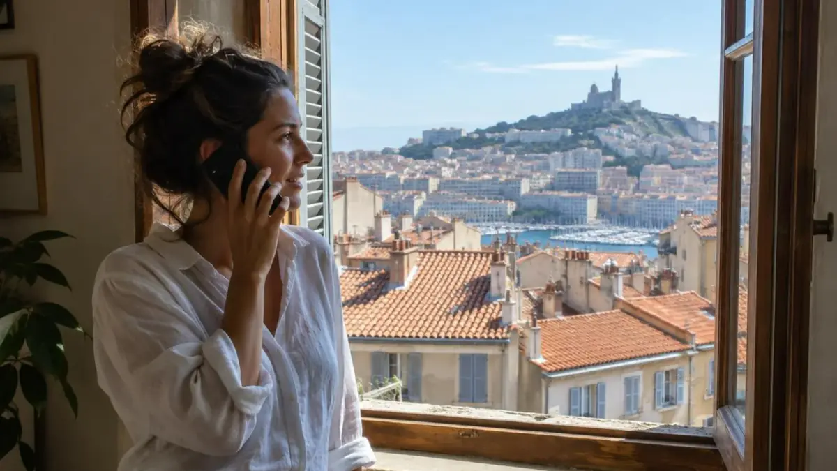 Personne téléphonant devant une fenêtre ouverte sur les toits de Marseille