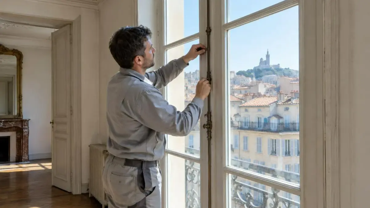 Technicien ajustant l'espagnolette d'une haute fenêtre bois peinte dans un appartement ancien marseillais