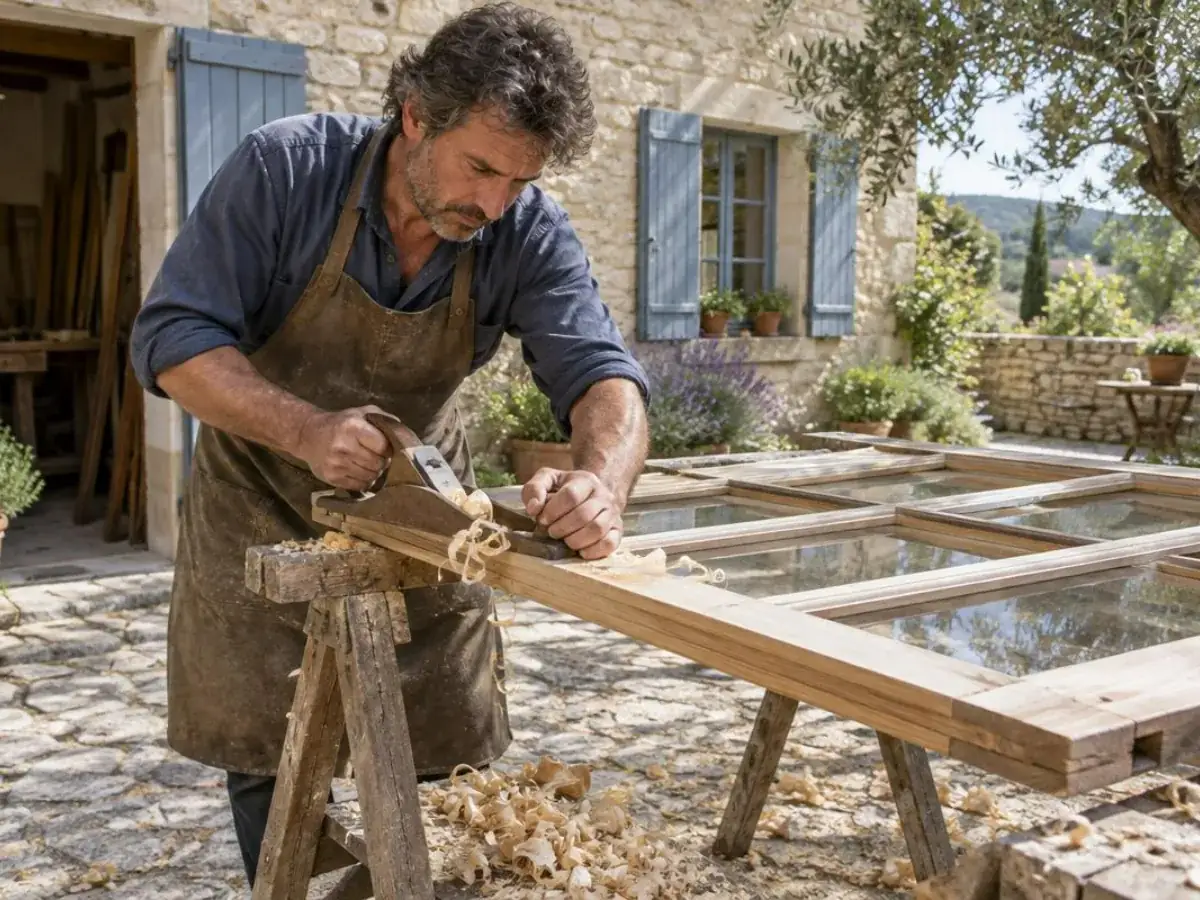 Rabot à main reprenant le chant d'un vantail de fenêtre bois posé sur deux tréteaux — Martigues
