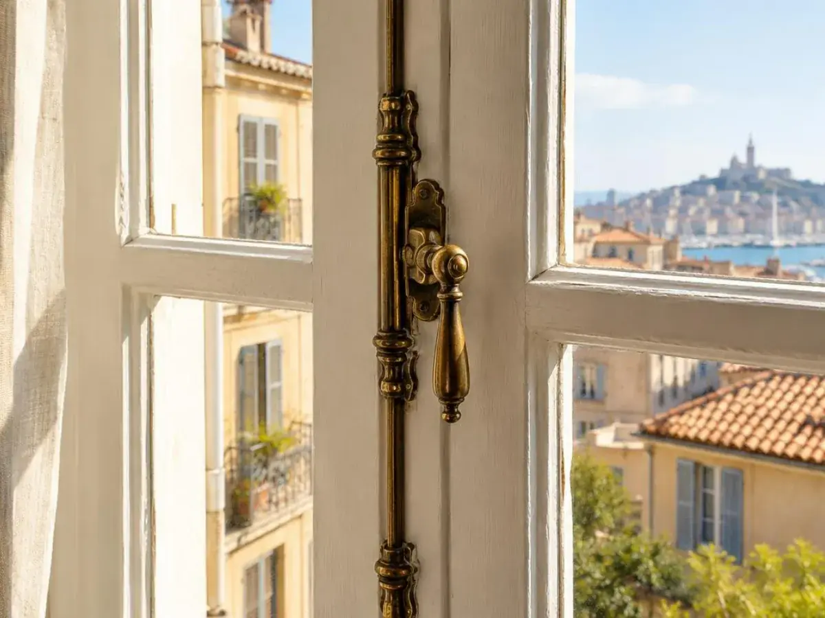 Poignée d'espagnolette ancienne en laiton sur une fenêtre bois blanche à deux vantaux