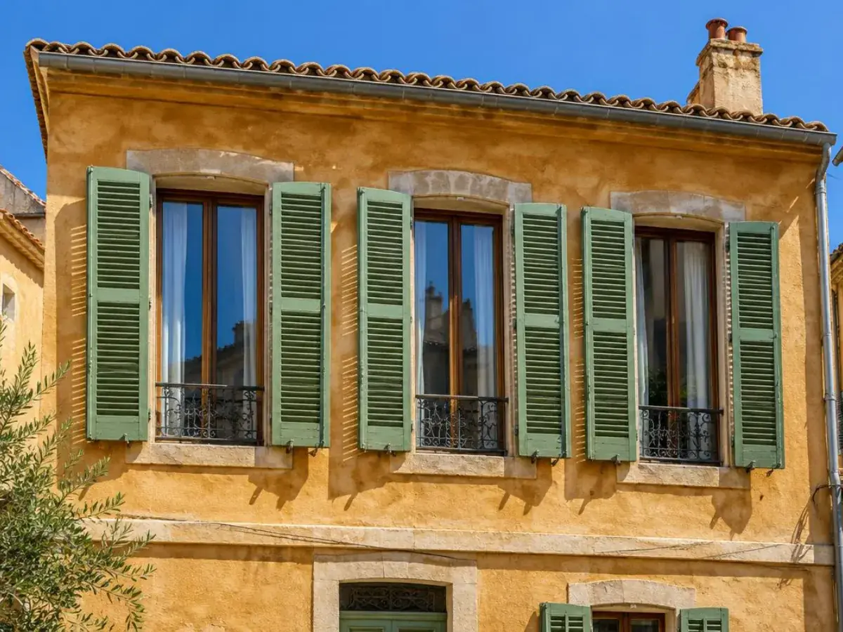 Façade d'un trois-fenêtres marseillais aux hautes fenêtres bois et persiennes vertes au soleil