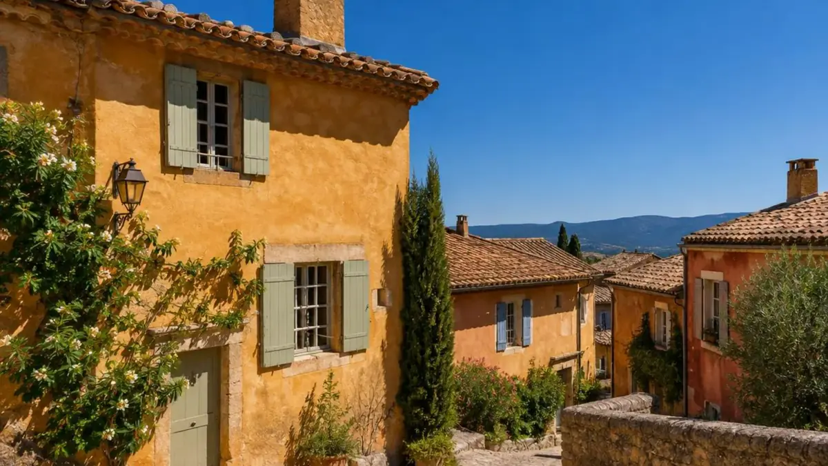 Village provençal aux façades ocre et fenêtres bois à petits carreaux sous un ciel bleu