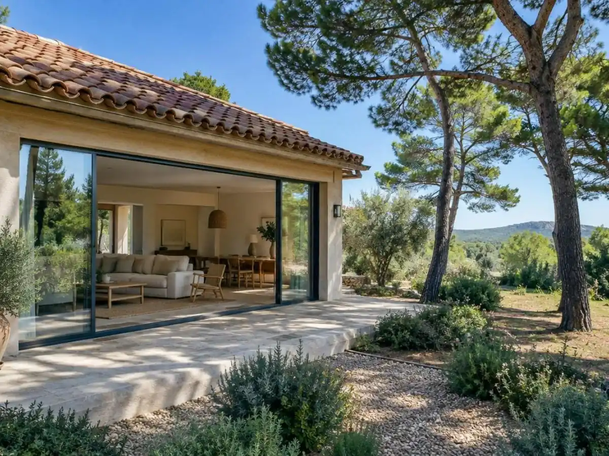 Villa provençale aux tuiles rondes avec grande baie vitrée coulissante ouverte sur un jardin de pins