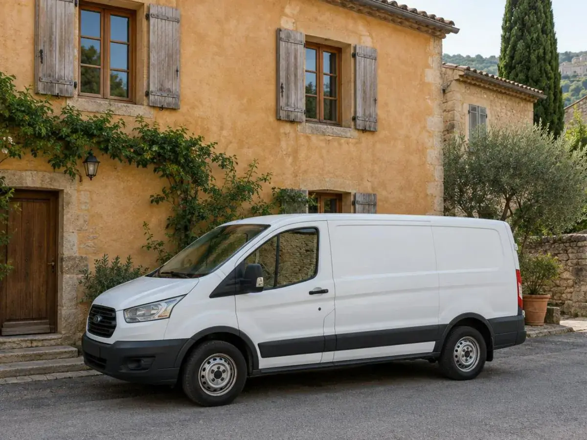 Camionnette blanche d’artisan garée devant une maison de village provençale aux fenêtres bois