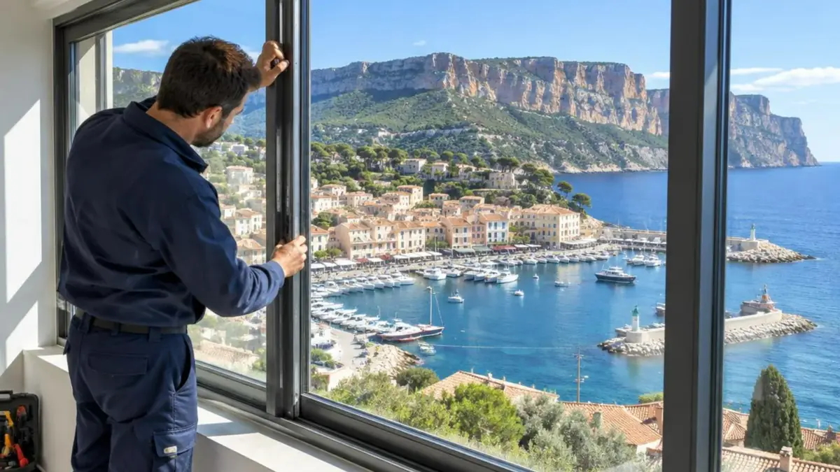 Technicien réglant une baie vitrée coulissante face au port de Cassis et au cap Canaille