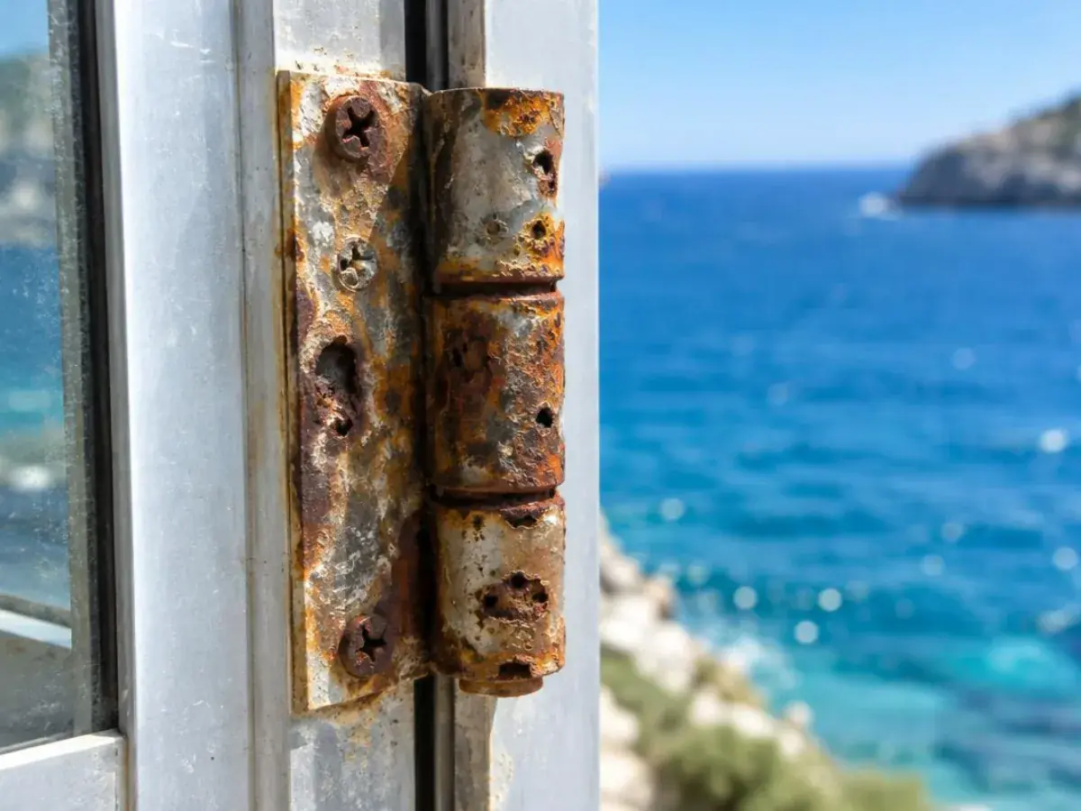 Paumelle de fenêtre en aluminium piquée par la rouille près de la mer, en gros plan