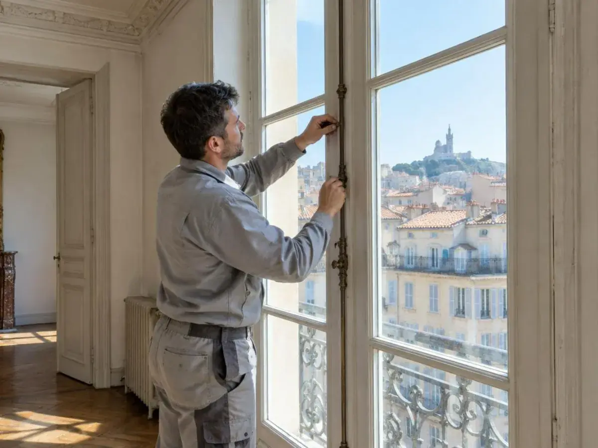 Technicien examinant le dormant d’une ancienne fenêtre bois aux côtés d’une propriétaire attentive