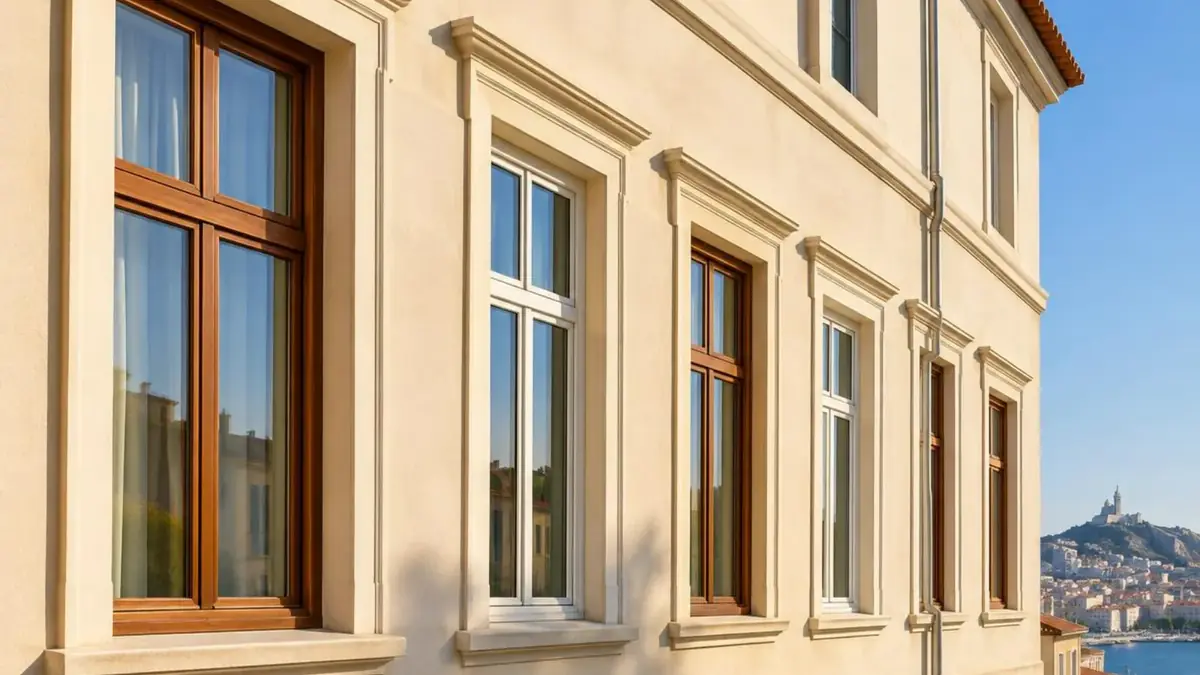 Fenêtres bois et PVC alignées sur une façade marseillaise claire au soleil de fin de journée