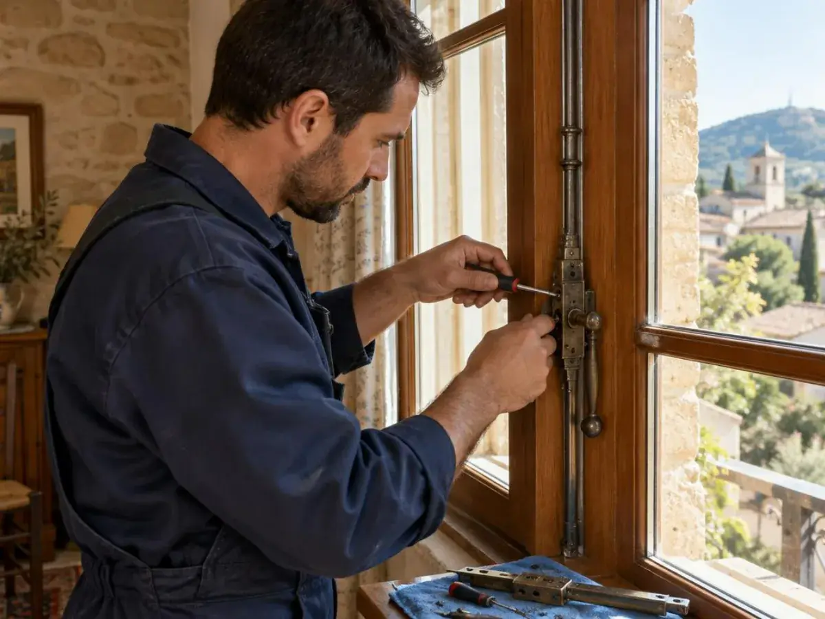 Technicien montrant le réglage d’une crémone de fenêtre à une habitante dans son séjour