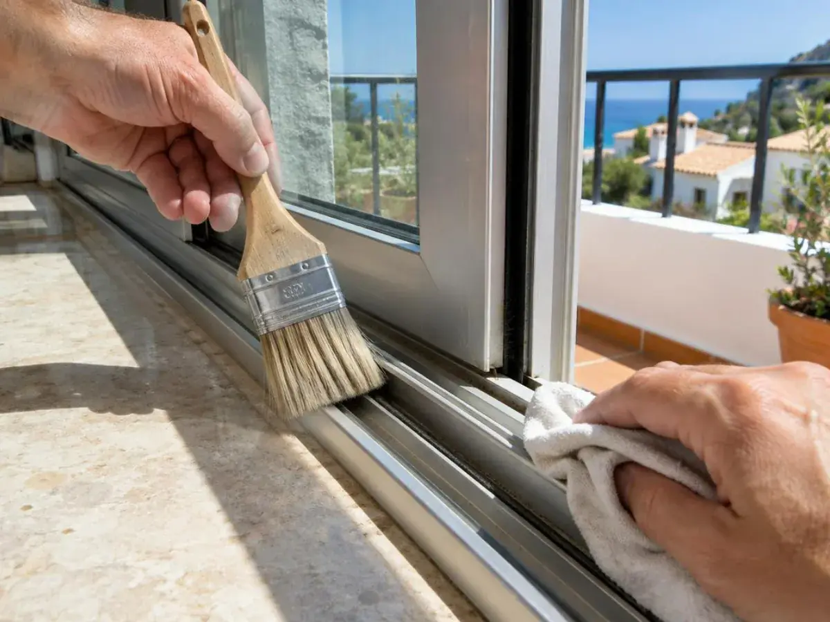 Pinceau sec et chiffon nettoyant le rail inférieur d’une fenêtre coulissante en aluminium