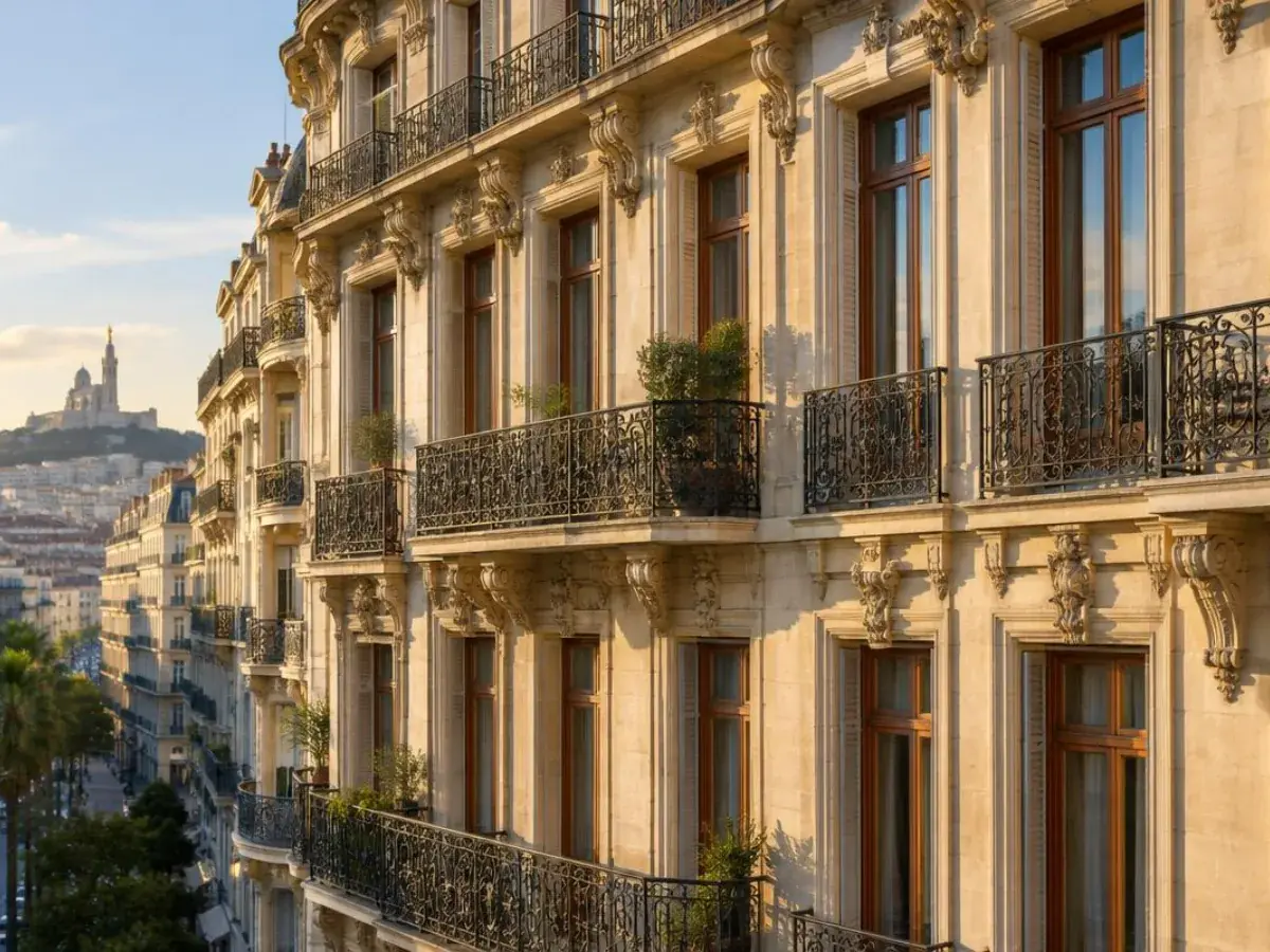 Façade d'immeuble haussmannien marseillais avec une haute fenêtre bois entrouverte au deuxième étage, intervention à Istres