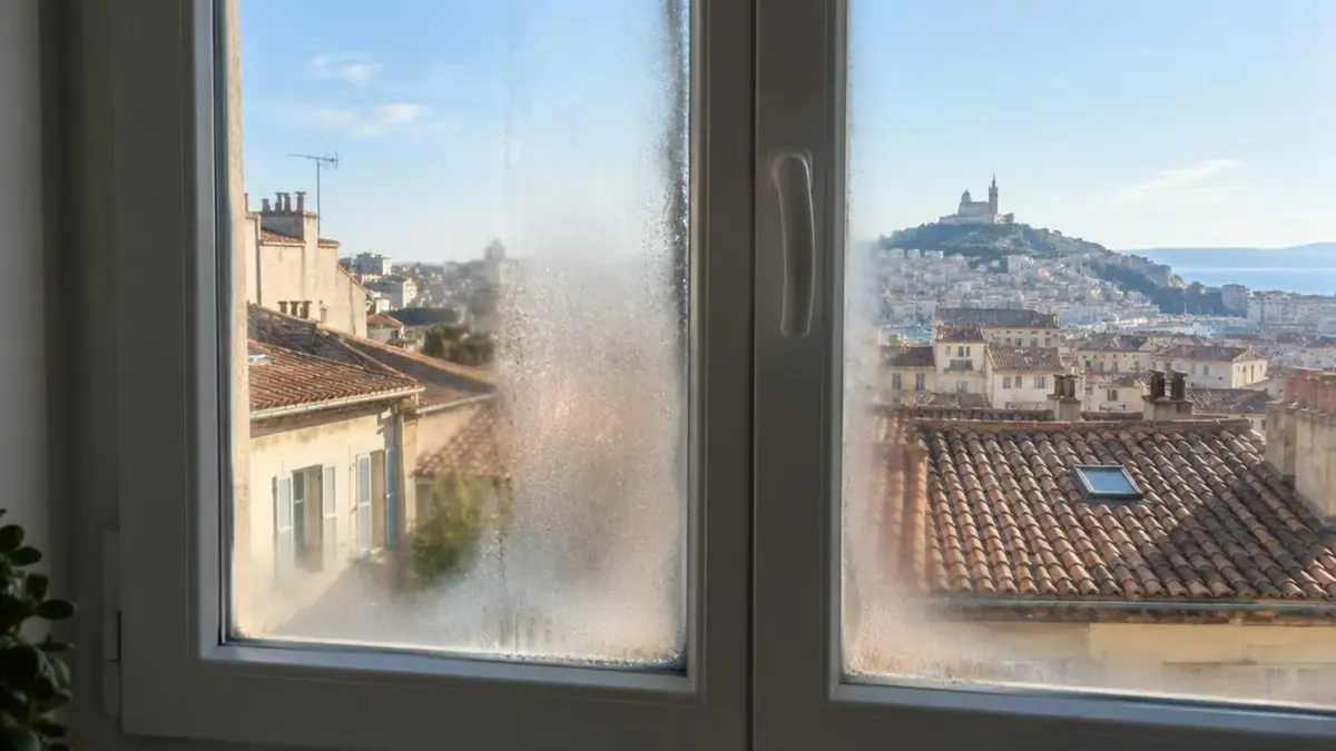 Double vitrage d'une fenêtre bois embué entre les deux verres dans un séjour marseillais, intervention à Istres