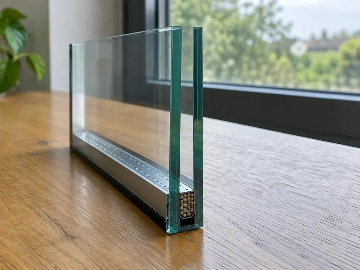 Coupe d'un double vitrage montrant l'intercalaire aluminium entre deux verres posée sur une table, intervention à Allauch