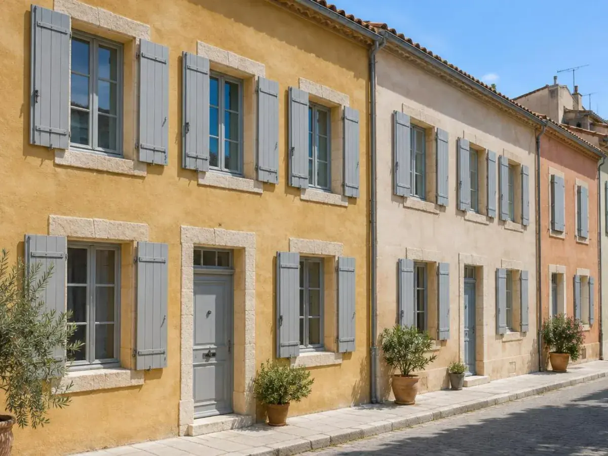 Rangée d'immeubles anciens marseillais aux hautes fenêtres bois ensoleillées dans une rue en pente, intervention à Allauch