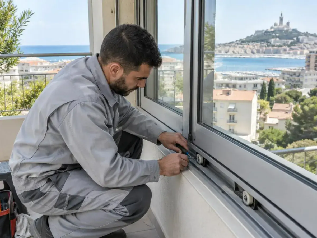 Technicien rinçant à l'eau claire le rail d'une baie vitrée aluminium sur un balcon face à la mer