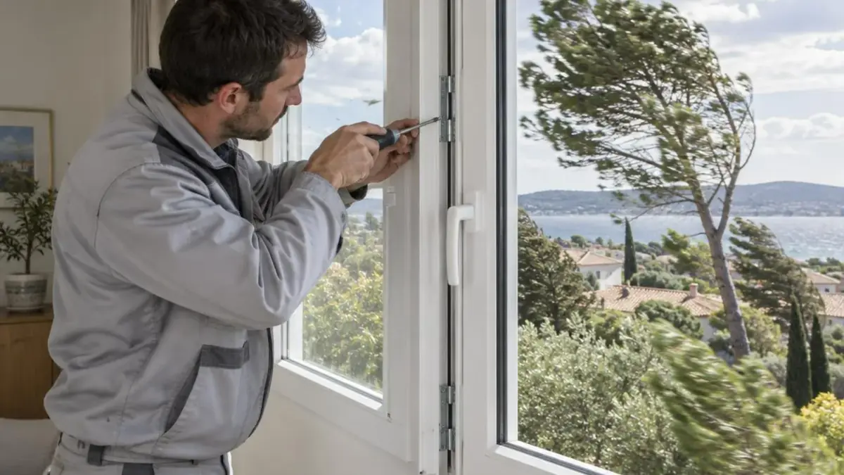Technicien resserrant les paumelles d'une fenêtre PVC dans une maison d'Istres un jour de vent