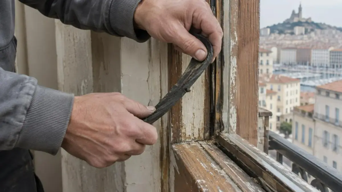 Technicien retirant un vieux joint de frappe noirci sur une fenêtre bois d'un immeuble marseillais, intervention à Allauch