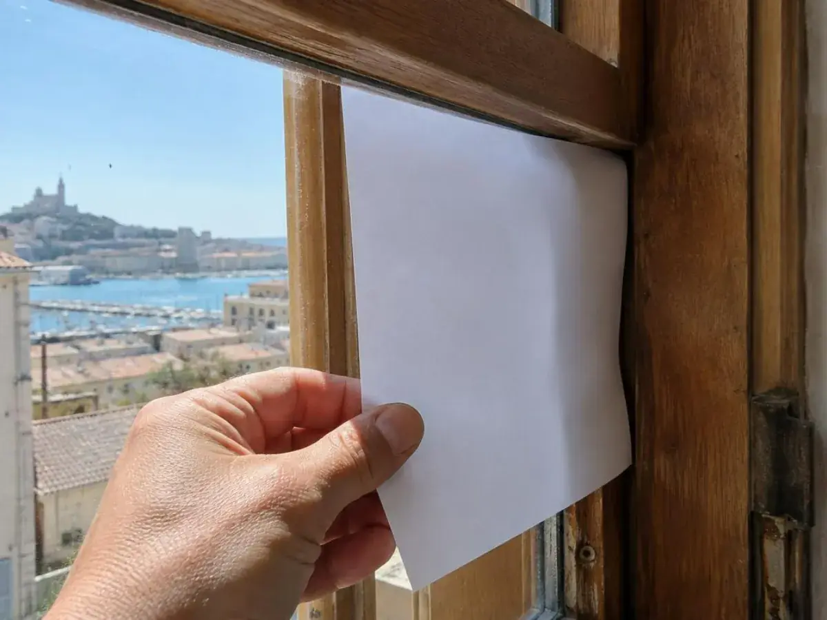 Feuille de papier coincée entre ouvrant et dormant pour tester l'étanchéité d'une fenêtre bois, intervention à Cassis
