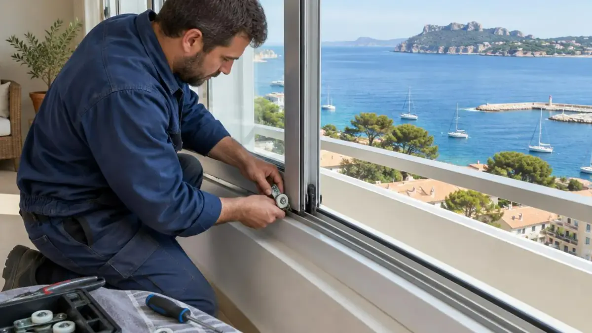 Technicien remplaçant les galets d'une baie vitrée face à la mer dans un appartement ciotaden