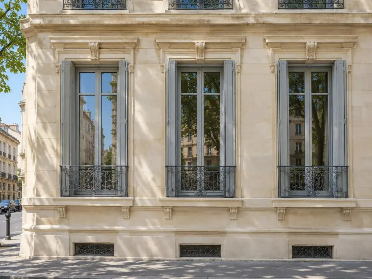 Immeuble ancien de Marseille aux fenêtres hautes, photographié par une matinée ensoleillée