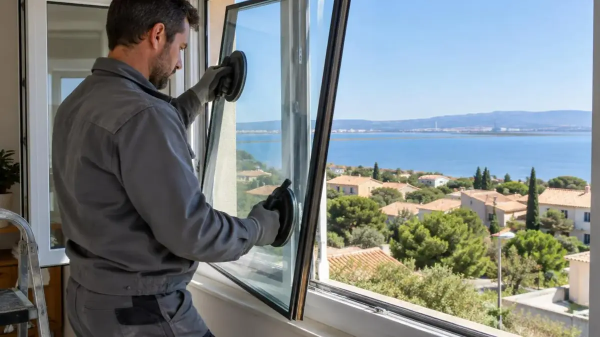 Technicien changeant un double vitrage dans une maison de Marignane, ciel clair au-dessus de l'étang