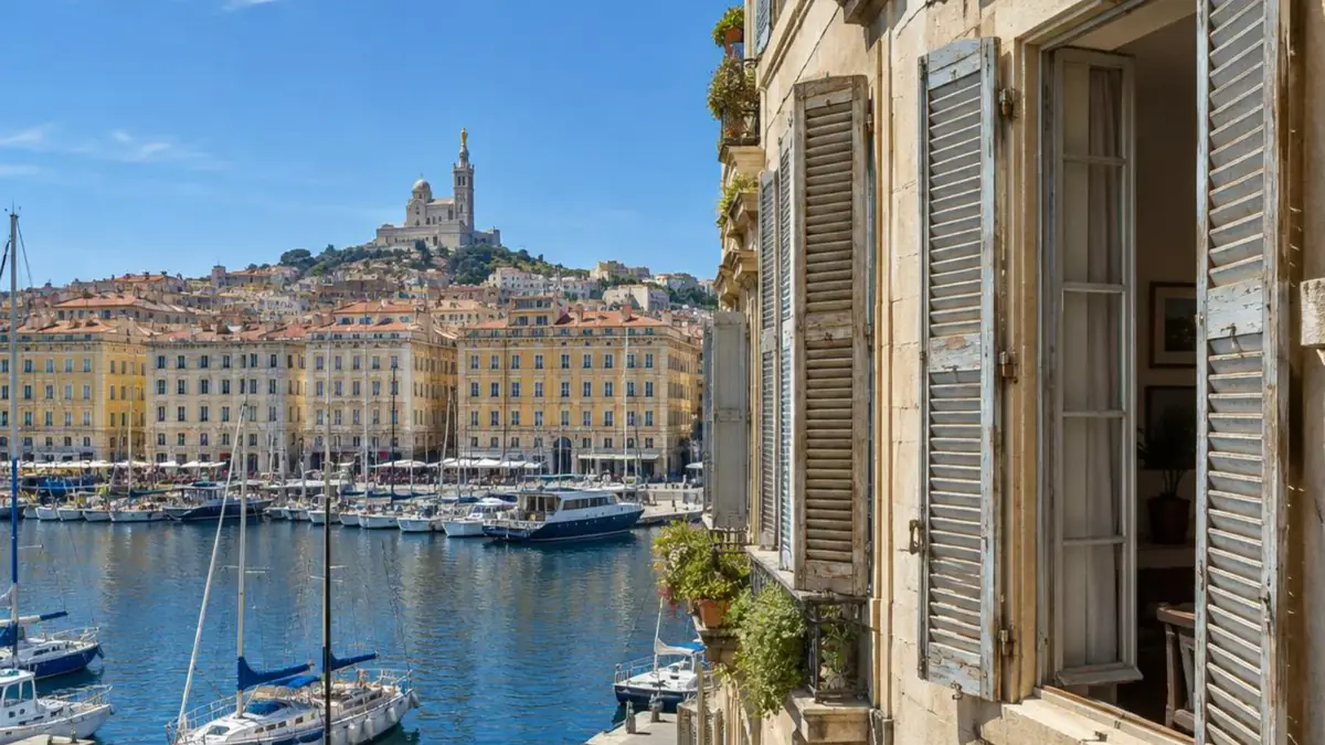 Façades d'immeubles anciens du Vieux-Port de Marseille aux hautes fenêtres bois ouvertes au soleil