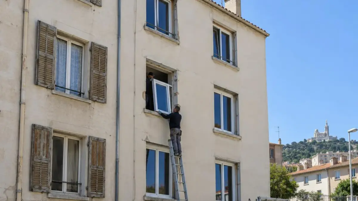 Façade d'immeuble ancien à la Capelette avec fenêtres bois et double vitrage en cours de remplacement