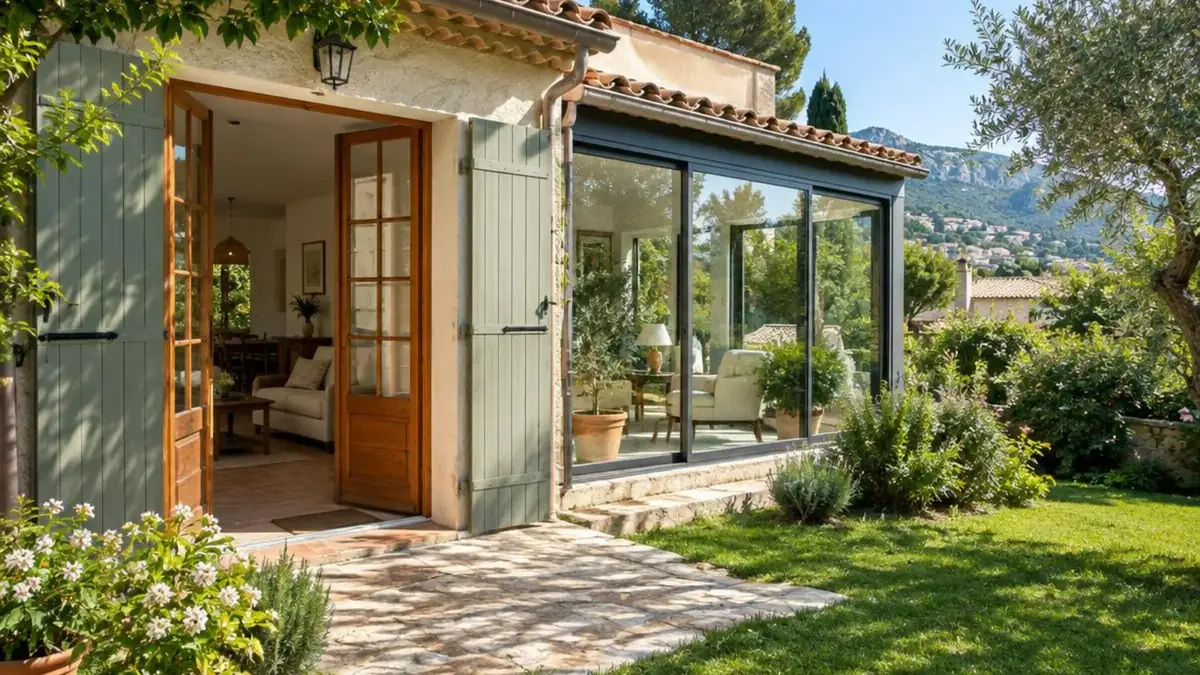 Villa provençale de la Valentine avec porte-fenêtre bois et baie vitrée ouvertes sur un jardin