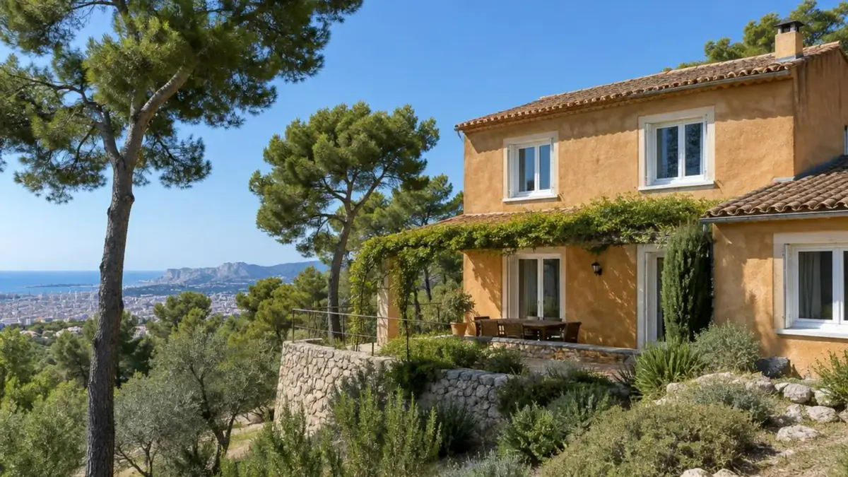 Villa provençale aux fenêtres PVC blanches sur les collines du nord-est marseillais, ciel dégagé