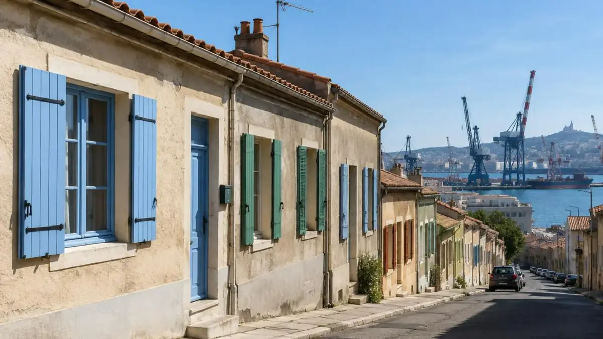 Maisons ouvrières de Saint-Louis aux fenêtres bois repeintes, grues du port visibles au loin
