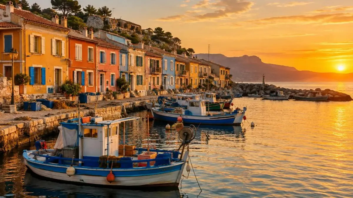 Port de l'Estaque au soleil couchant, petites maisons colorées aux fenêtres tournées vers la rade