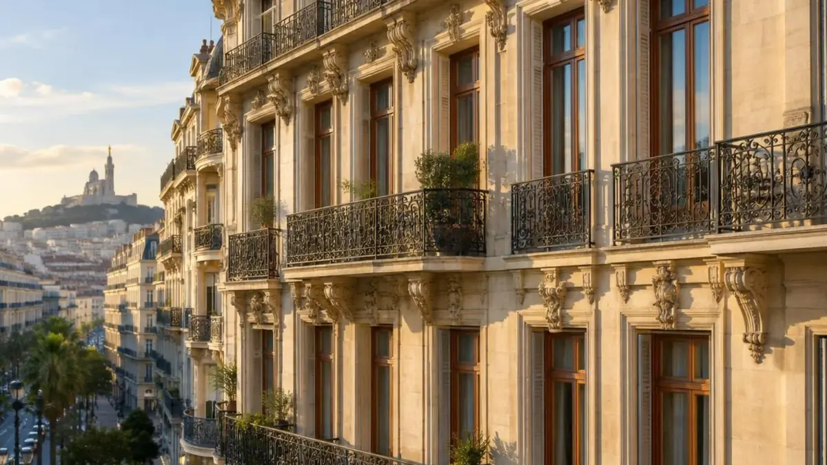 Façade haussmannienne de la Canebière aux hautes fenêtres en bois, lumière de fin d'après-midi