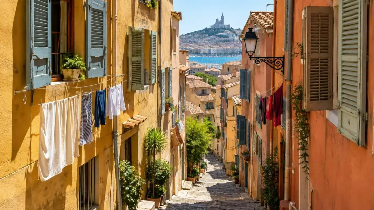 Ruelle en pente du Panier, façades colorées et petites fenêtres en bois ouvertes au soleil