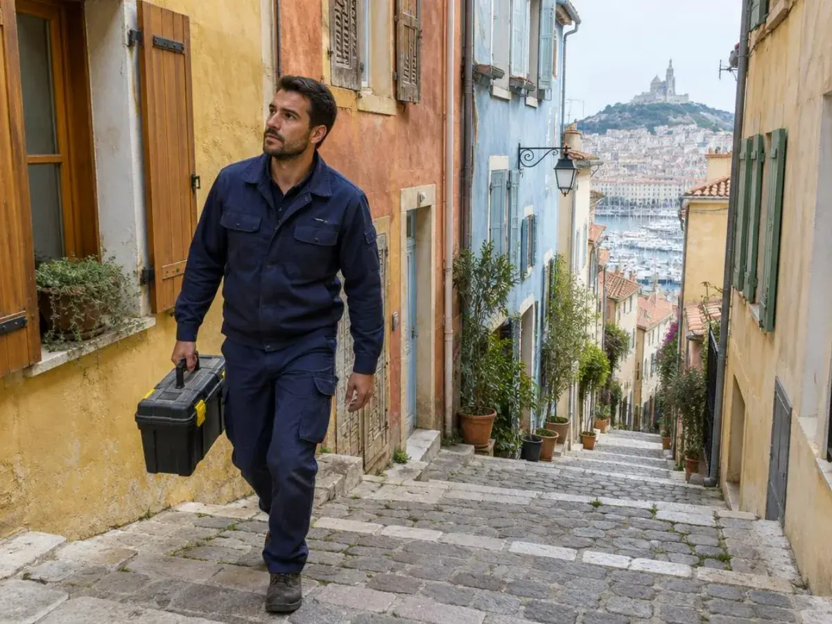 Technicien portant sa caisse à outils dans une ruelle en pente du Panier