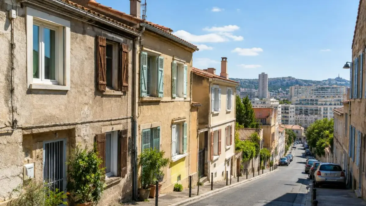 Rue en pente de la Belle de Mai, immeubles de faubourg aux fenêtres PVC et bois mêlées