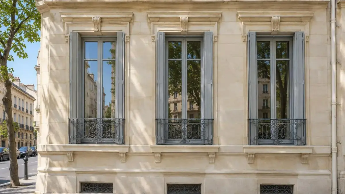 Façade d'immeuble marseillais du boulevard Baille avec trois hautes fenêtres en bois peintes en gris clair