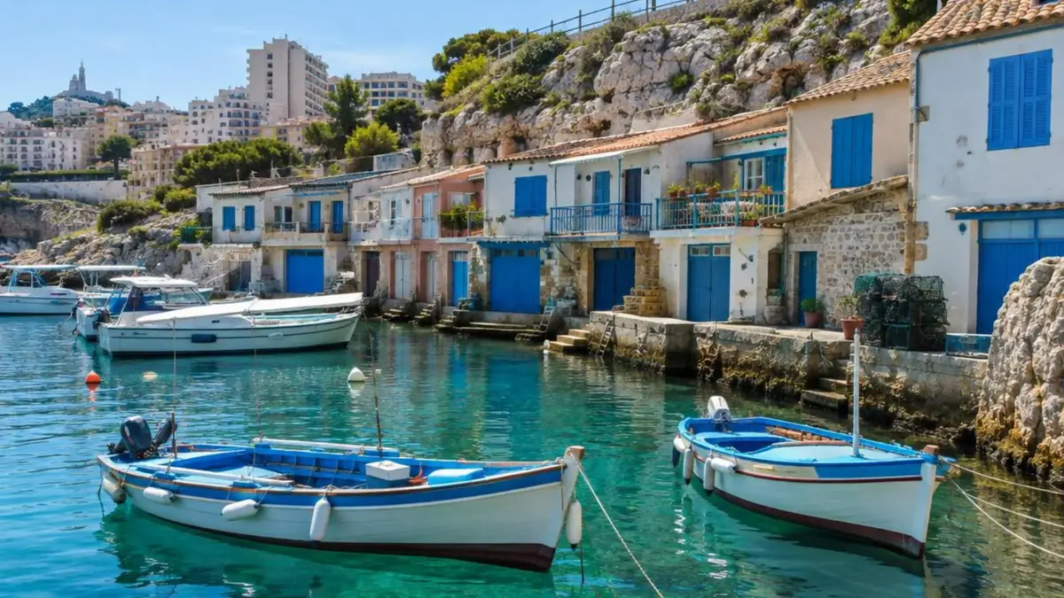 Petites maisons de pêcheurs du Vallon des Auffes aux fenêtres bois bleues face aux barques amarrées