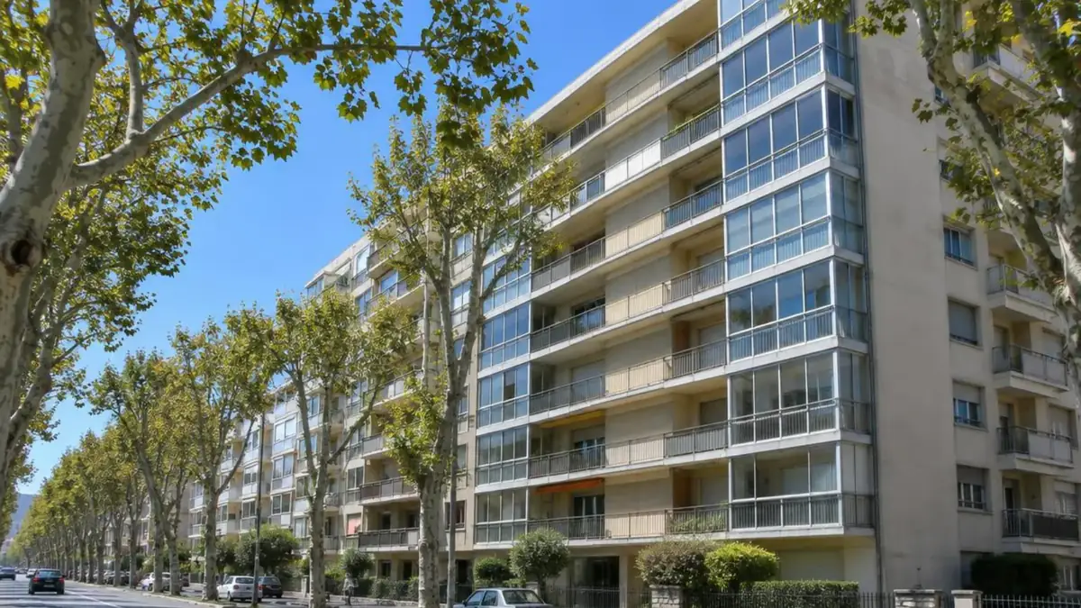 Résidence des années 1970 le long de l'avenue du Prado avec balcons et baies vitrées aluminium