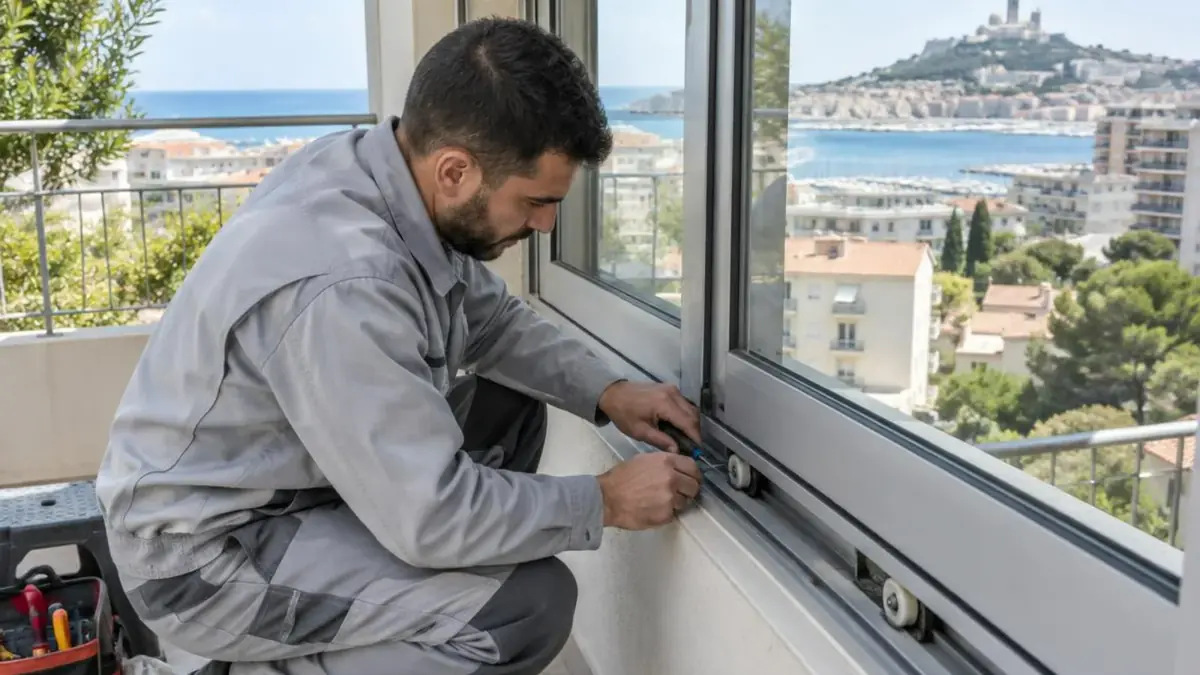 Technicien réglant les galets d'une baie vitrée aluminium sur le balcon d'une résidence de Sainte-Marguerite