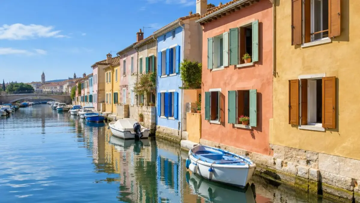 Maisons colorées au bord d'un canal de Martigues, fenêtres en bois ouvertes sur l'eau