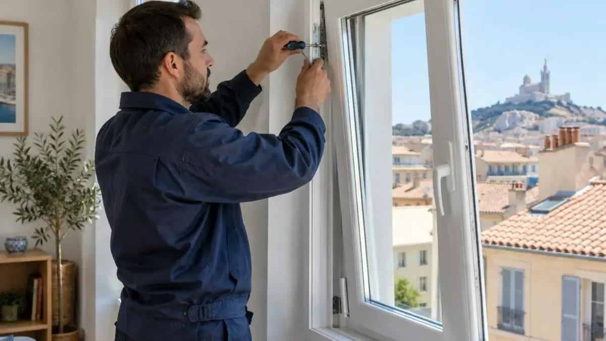 Technicien démontant la poignée d'une fenêtre oscillo-battante PVC dans un salon marseillais lumineux, intervention à Salon-de-Provence