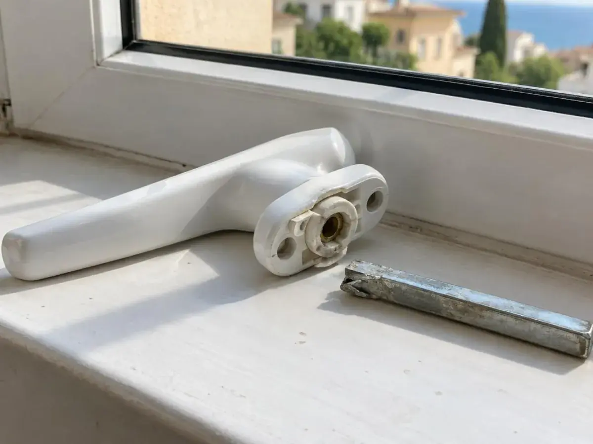 Poignée de fenêtre blanche déposée à côté de son carré d'entraînement cassé sur un appui de fenêtre, intervention à Salon-de-Provence