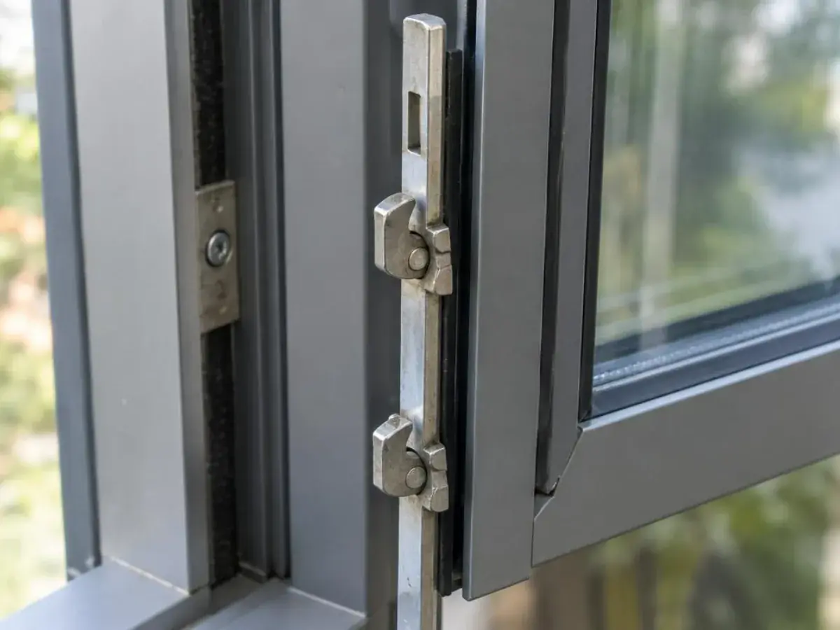Tringle de crémone extraite du chant d'un ouvrant aluminium, galets de verrouillage visibles, intervention à Vitrolles