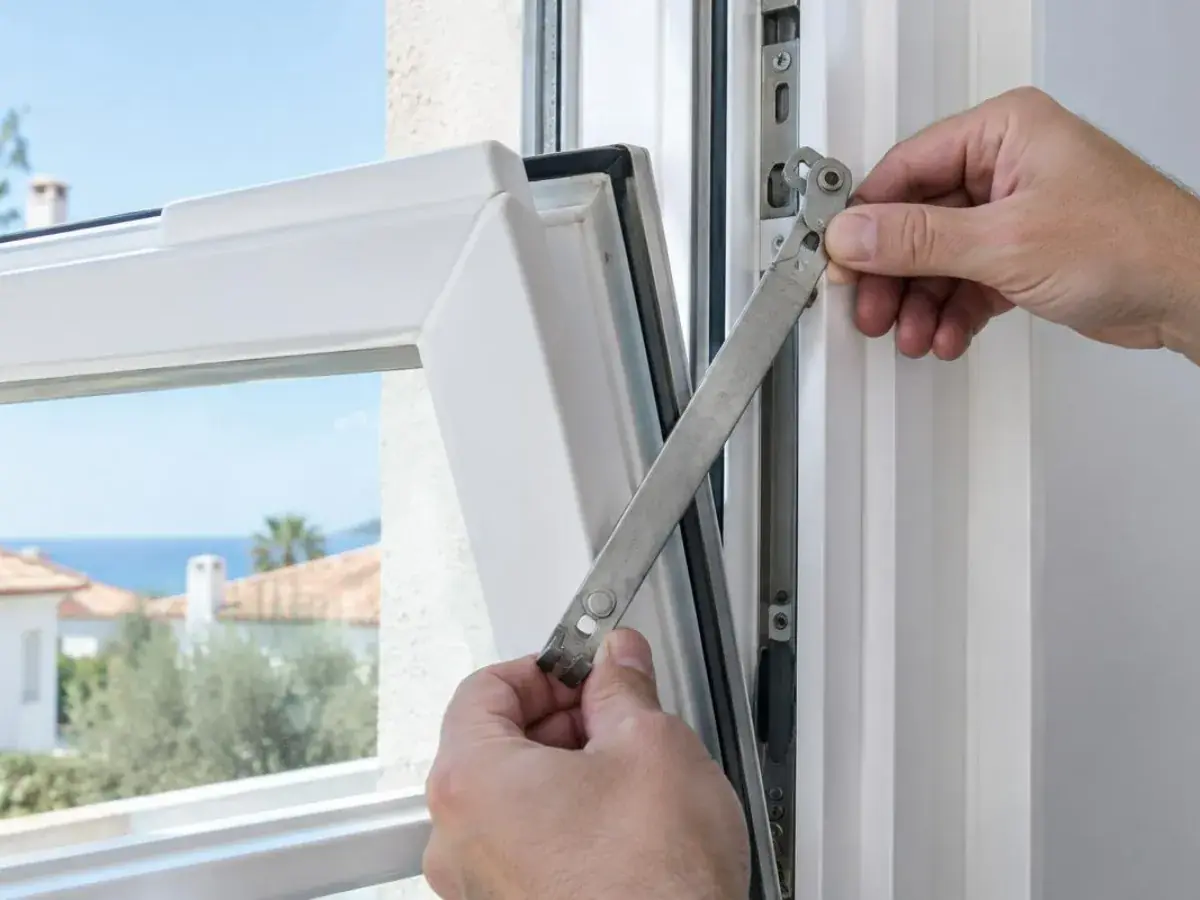 Mains d'un technicien démontant le compas d'un ouvrant PVC basculé en position oscillo, intervention à Martigues
