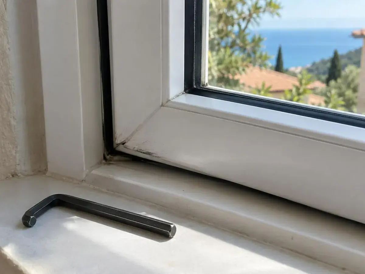 Ouvrant de fenêtre PVC affaissé frottant contre le dormant, clé six pans posée sur l'appui, intervention à Martigues